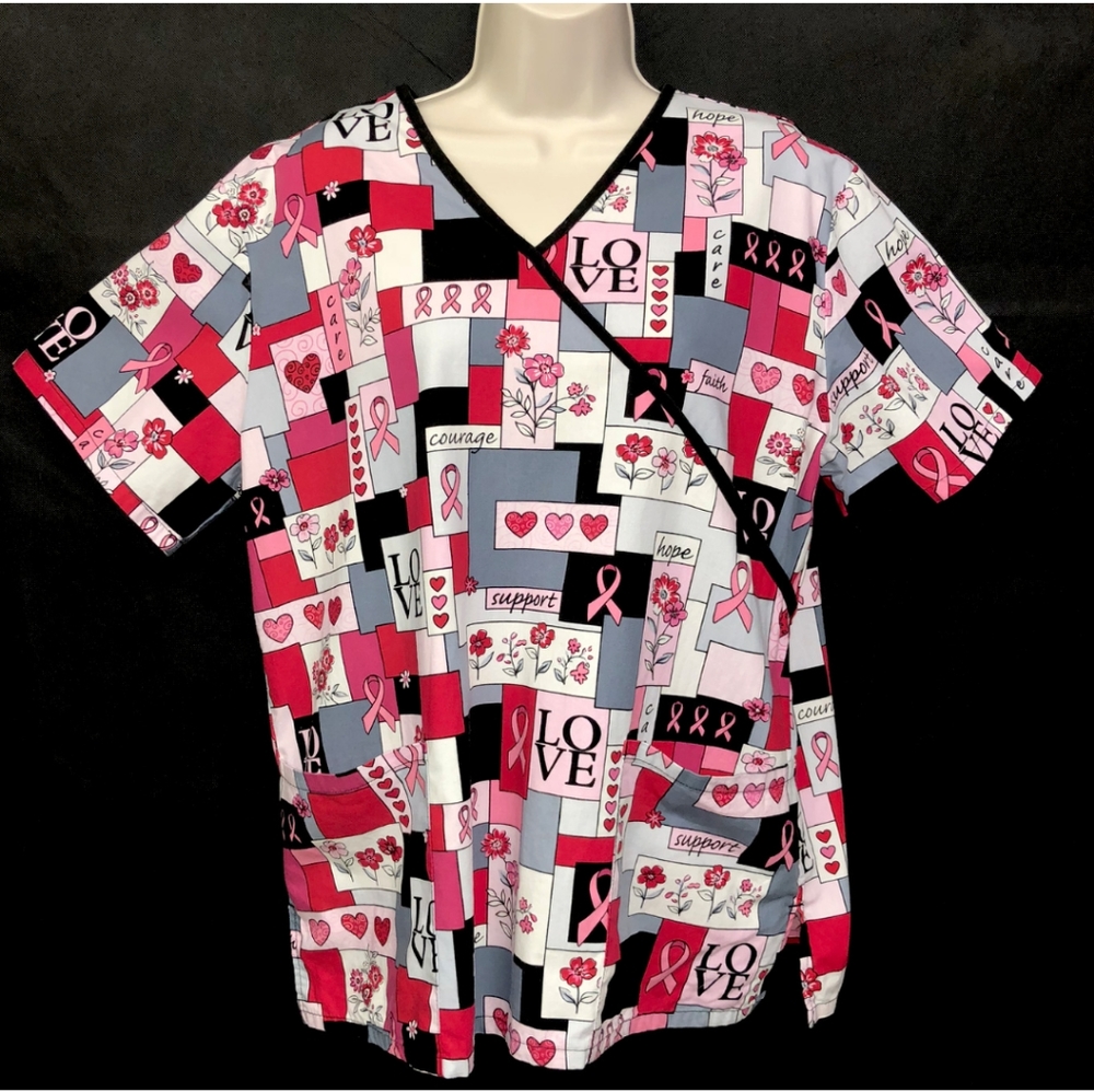 SB Scrub Womens Multi-Color Ribbon Hearts Breast Cancer Awareness Size S